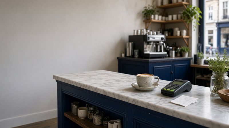 A café counter with a card machine and a receipt beside a cup of coffee, with an espresso machine and shelves behind.