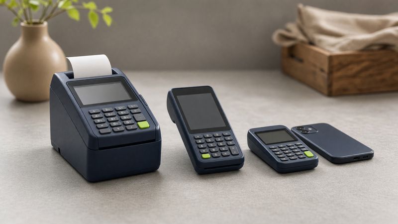 A countertop card terminal with a receipt roll, a portable card machine, a small card reader and a smartphone lined up on a counter.