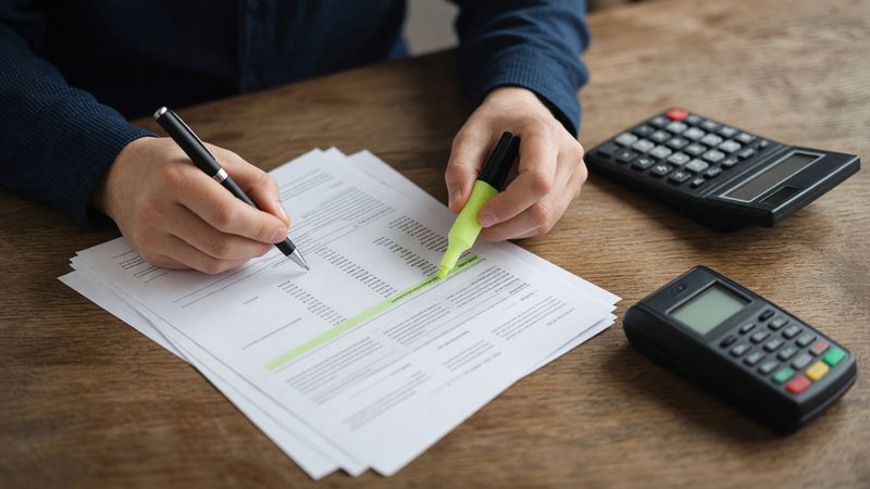 Someone highlighting a line on a printed card machine statement, with a calculator and a card machine on the desk.