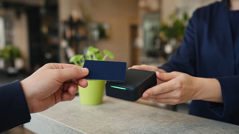 A customer holding a payment card to a contactless card reader held by a shop assistant across a counter.