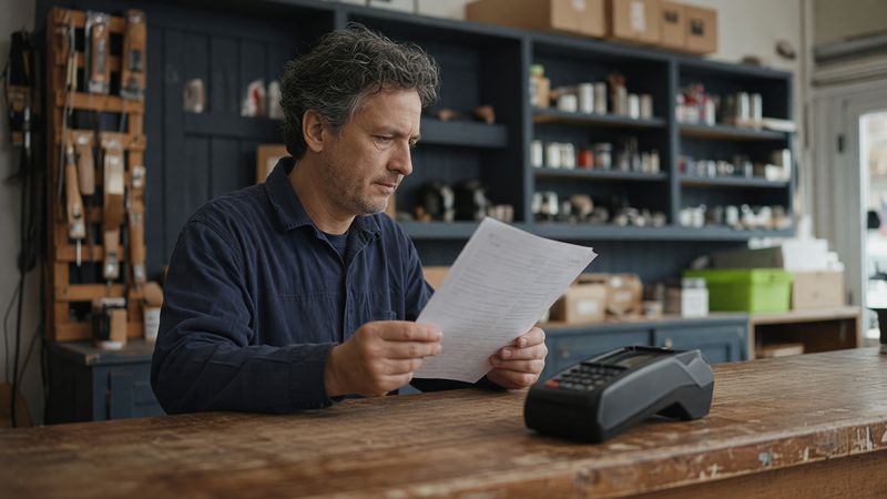 A shop owner reading a letter at his counter, with a card machine on the counter in front of him.