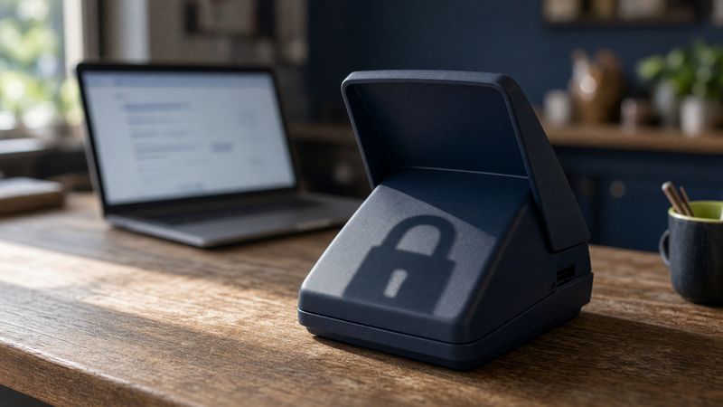 A card payment terminal marked with a padlock symbol on a wooden desk, with a laptop in the background.