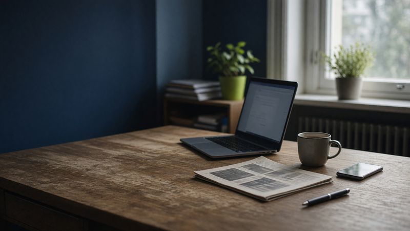 A laptop, a folded newspaper, a phone and a mug of coffee on a wooden desk by a window.