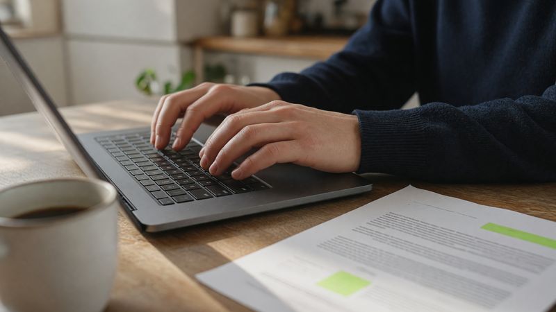 Hands typing on a laptop beside a cup of coffee and printed documents with highlighted passages.